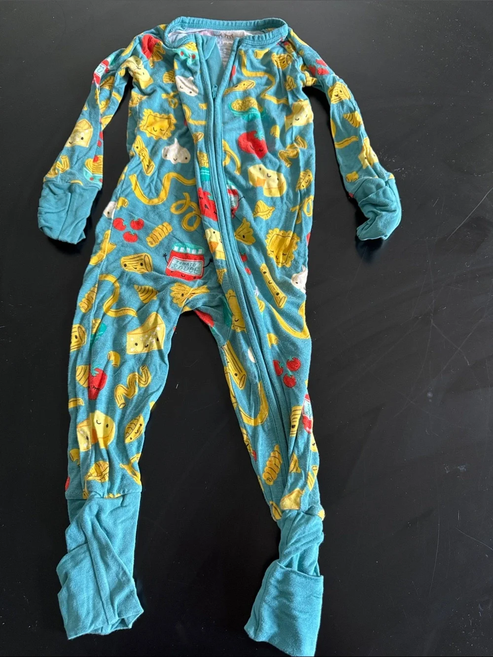 Little Sleepies Teal Footed One-Piece Pajama with Yellow and Red Snack Print